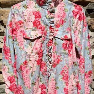 Floral Ruffle Blouse - Pink and Blue